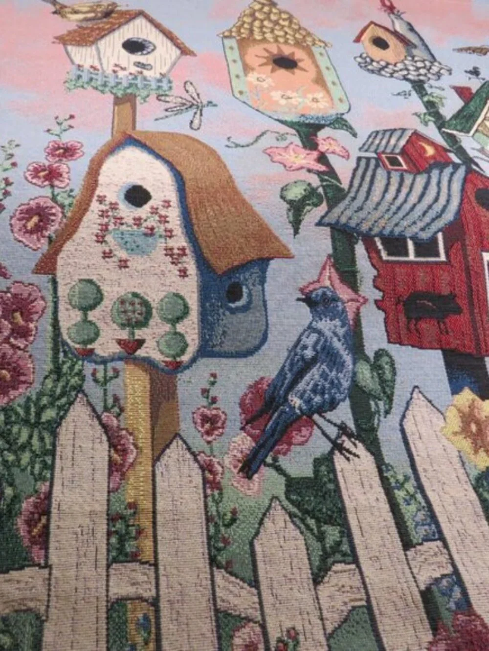Vintage Birdhouse Woven Wall Tapestry Hanging Pole Included cottagecore 33